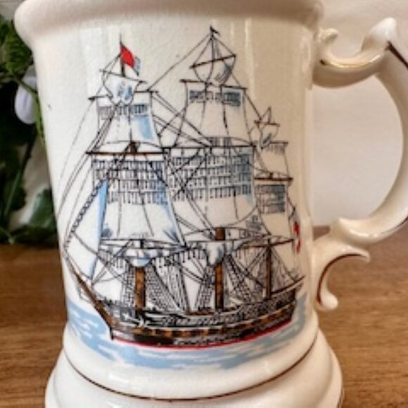 Vintage Gainsborough Moustache Mug Ship Design Gold Rim Ceramic Shaving Mug Tank - Picture 6 of 8